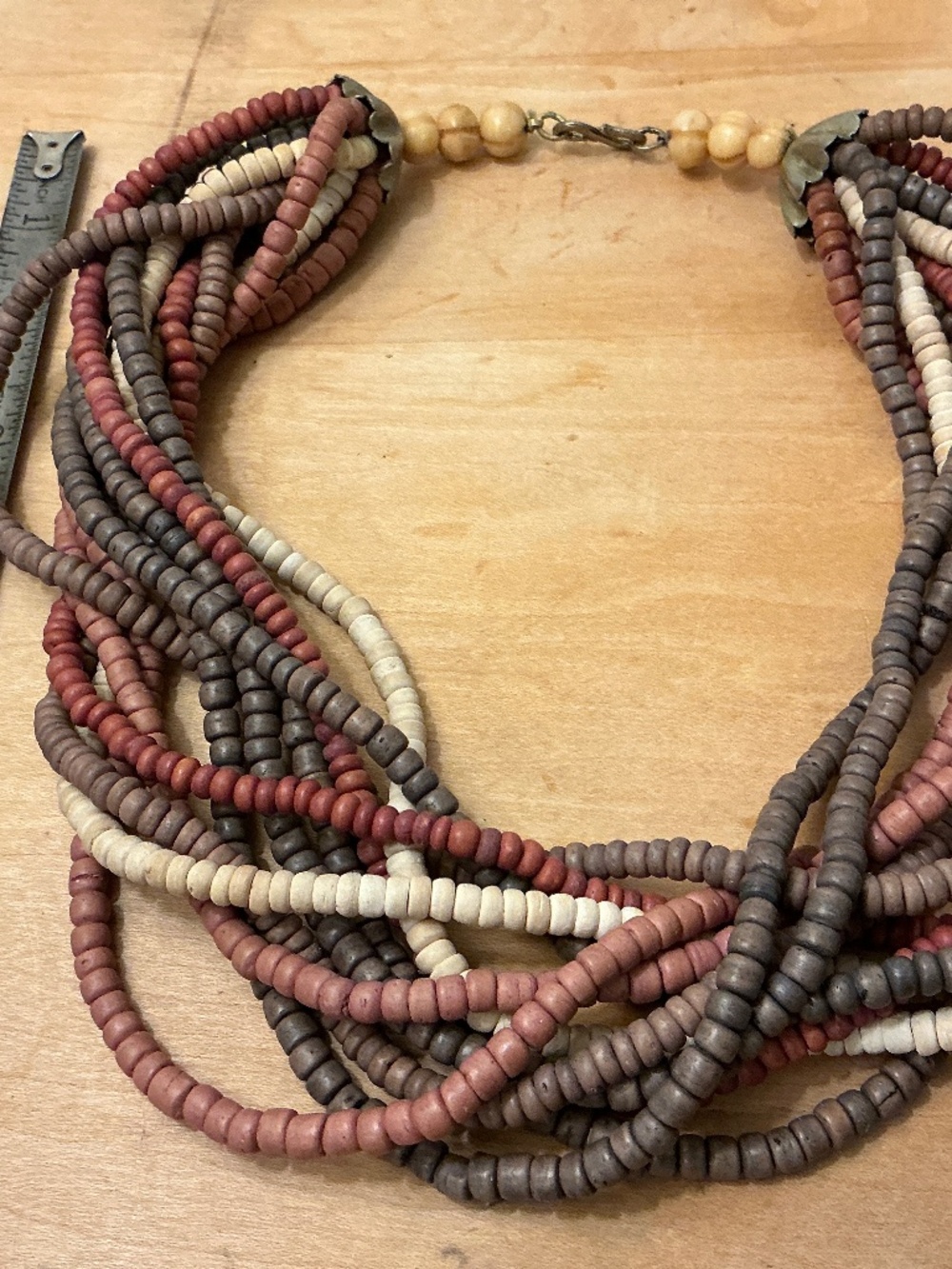 Multicolored Wood beaded necklace Twist bone beads